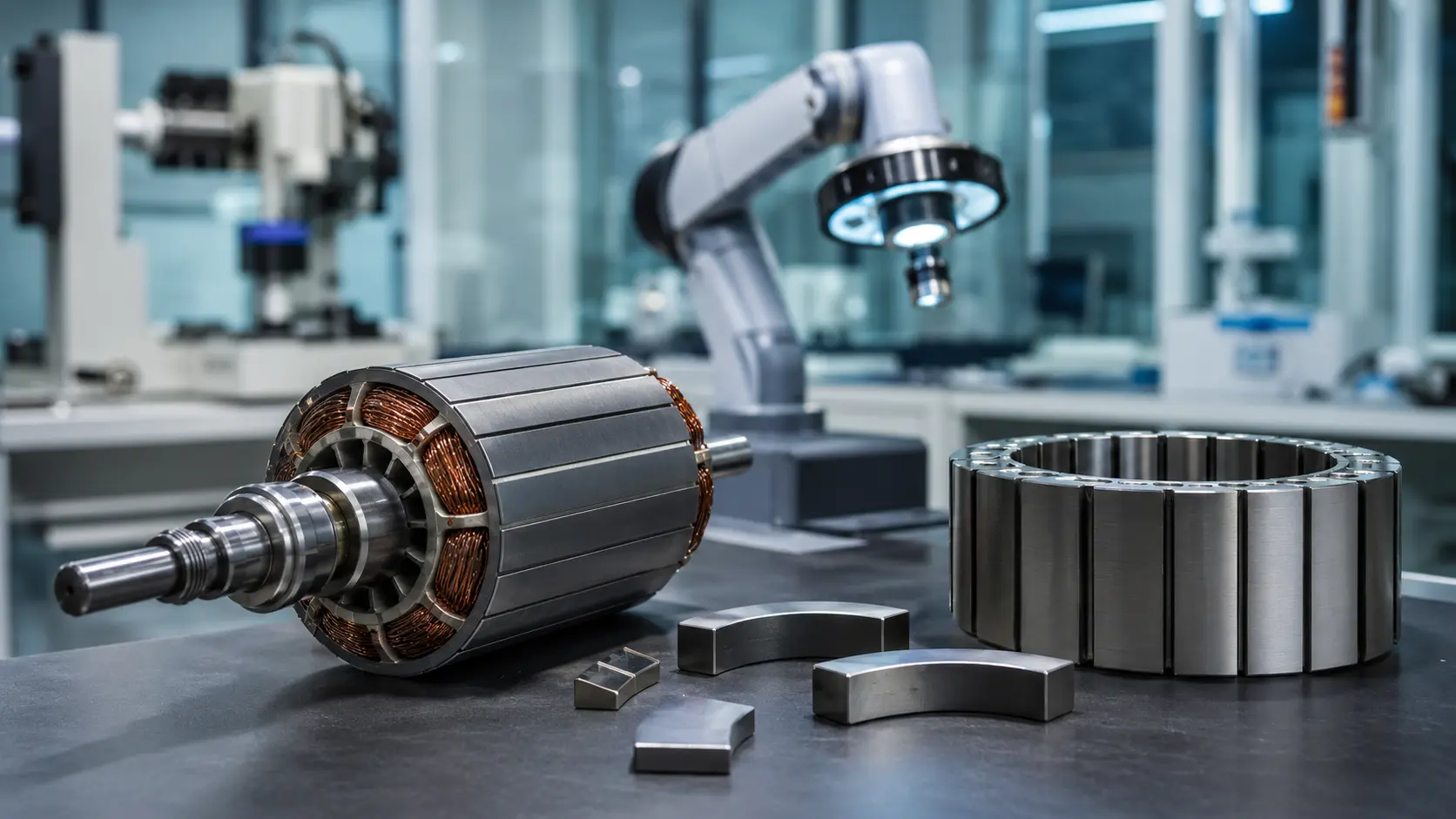 Electric motor rotor and permanent-magnet components in an advanced engineering laboratory