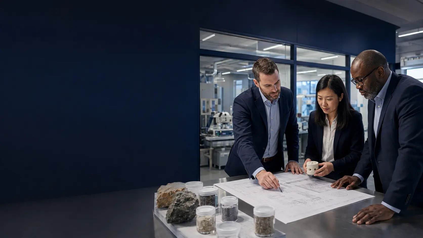 Technical and commercial specialists reviewing an industrial equipment project with material samples