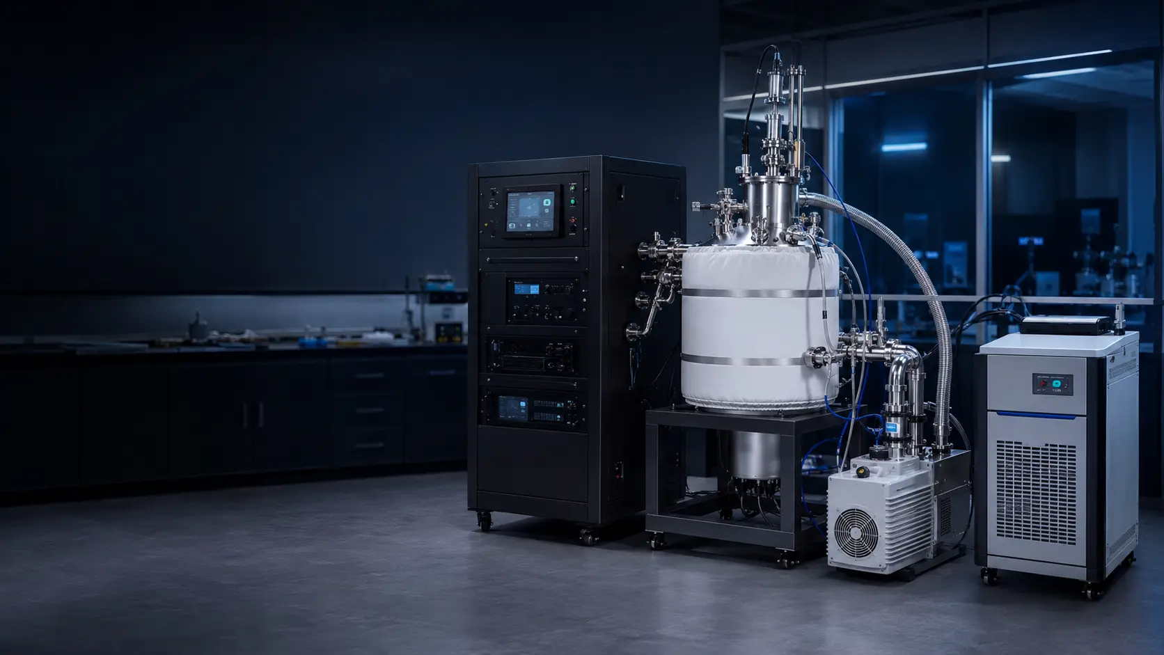 Purpose-configured high-temperature research system with control cabinet, vacuum pump and water chiller