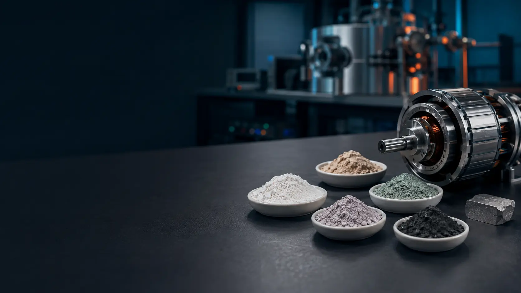 Rare-earth material samples and a precision electric motor component in a materials research laboratory