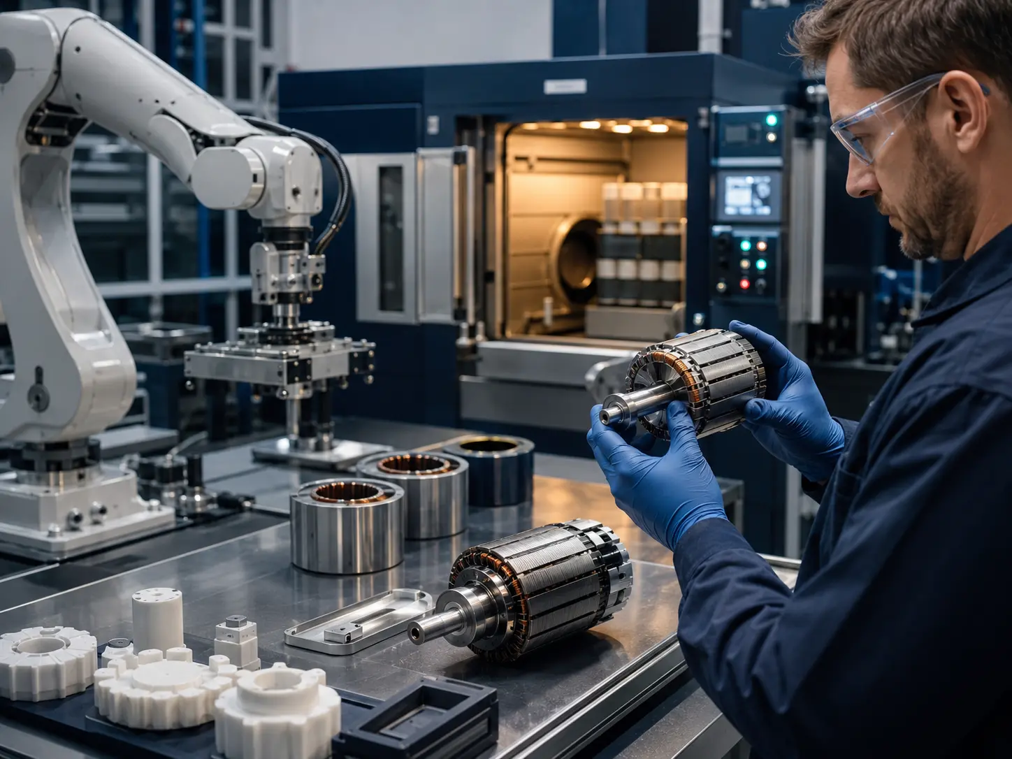 Technician inspecting electric-motor components in an advanced manufacturing environment