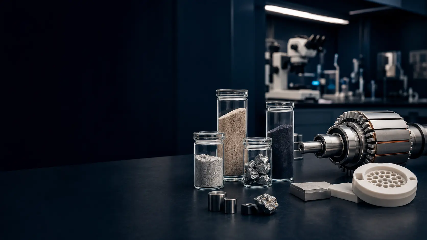 Rare-earth powders, alloy samples, engineering ceramics and an electric-motor component in a modern materials laboratory