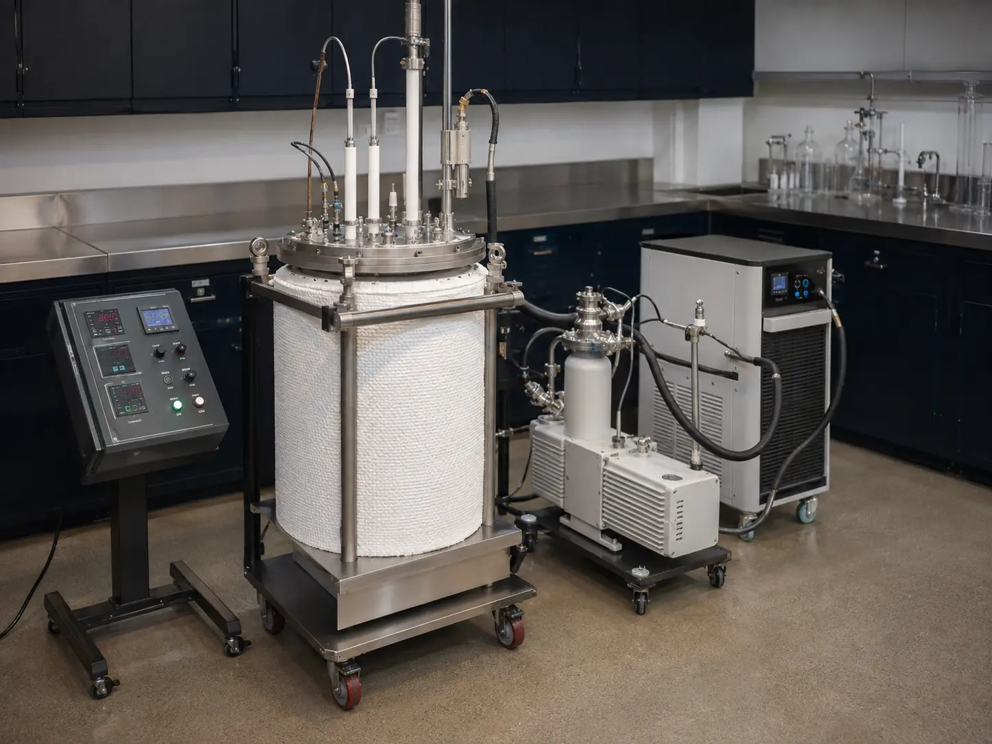 High-temperature molten-salt electrolysis research system with reactor, electrode access, vacuum pump and chiller