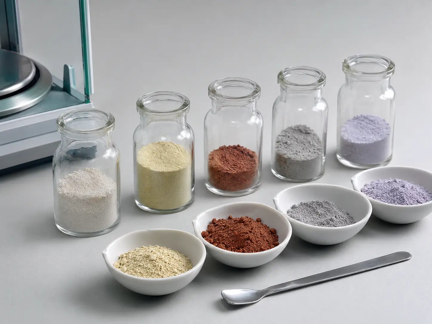Unlabelled laboratory jars and ceramic dishes containing research-grade material powders