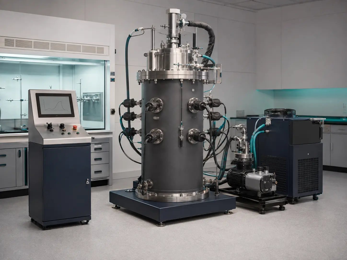 Purpose-configured high-temperature research system with control console, vacuum pump and water chiller