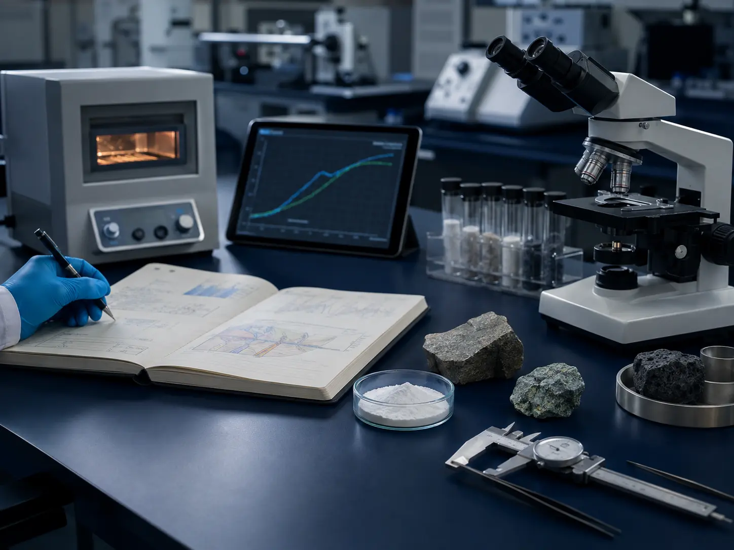 Material samples, microscope, laboratory furnace and technical analysis tools
