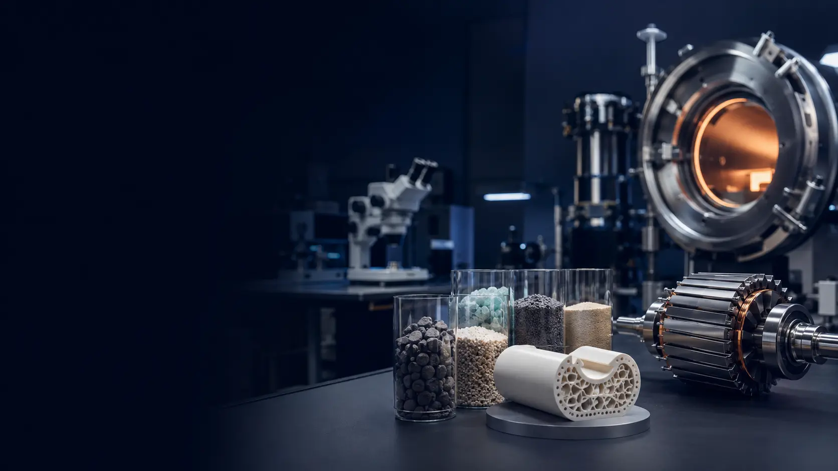 Critical materials, engineering ceramics, electric-motor components and research equipment in an advanced materials laboratory