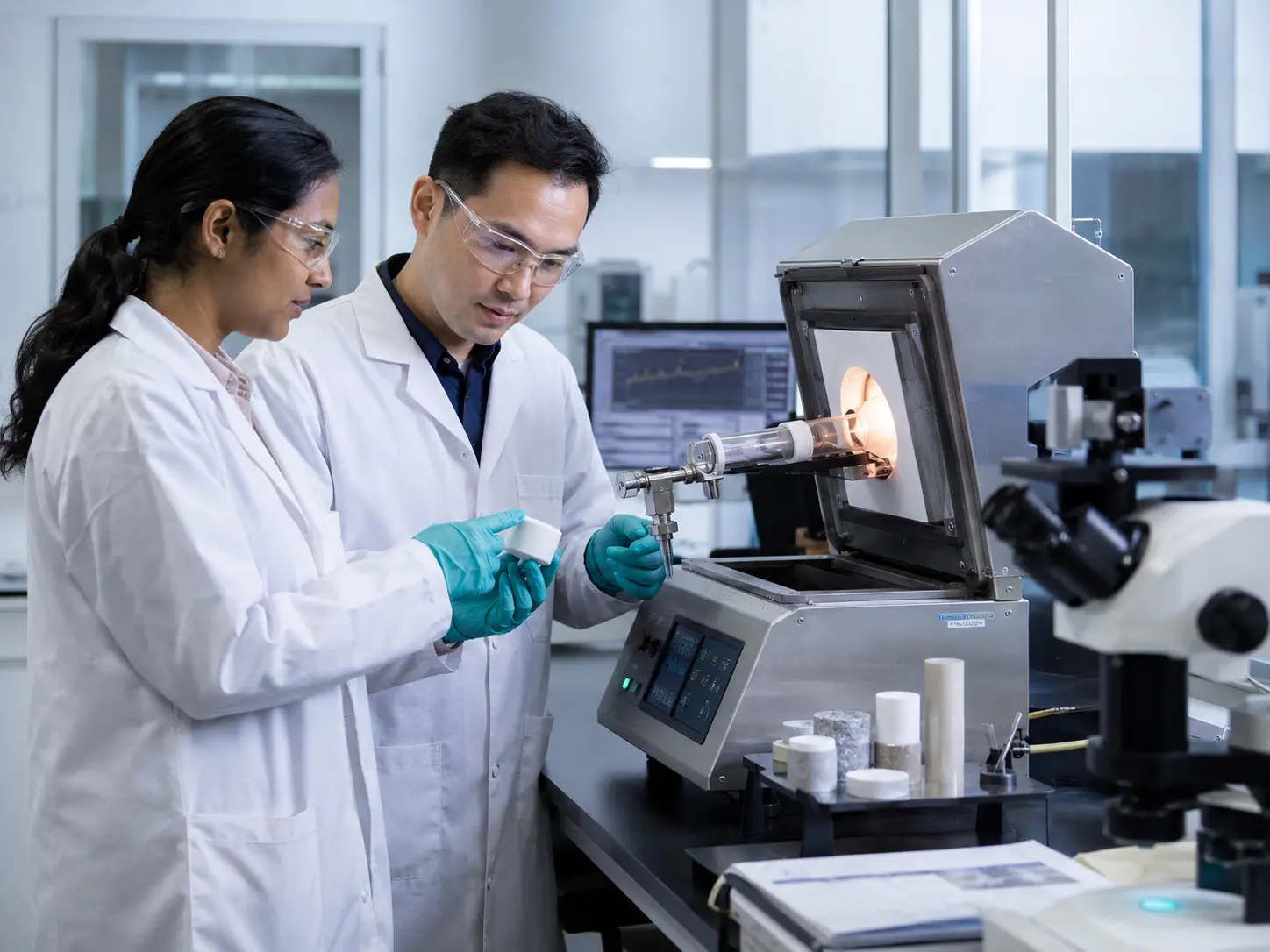 Researchers reviewing material samples beside high-temperature research equipment